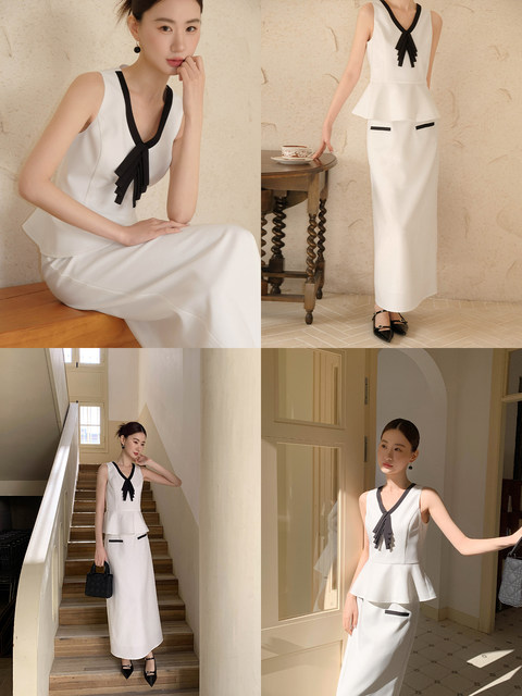 Xxning French-Style Contrasting Color Bow Tie Vest and Skirt Set for Women 2025 New Elegant and Stylish Two-Piece Set