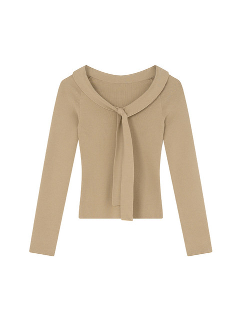 Xxning Lapel Ribbon Slim Knit Sweater for Women, Autumn and Winter, Slim Fit, Elegant, Slimming, Gentle, Commuting, Casual Top