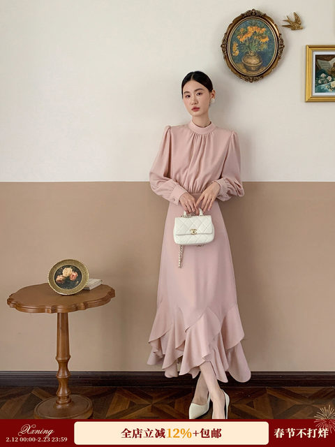 Xxning French-Style Draped Floral Hem Dress for Women, Elegant and Stylish, Suitable for Commuting, Long-Sleeved Dress