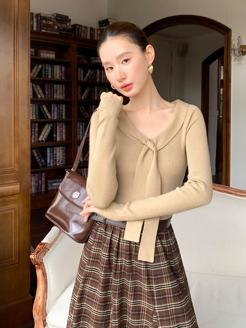 Xxning Lapel Ribbon Slim Knit Sweater for Women, Autumn and Winter, Slim Fit, Elegant, Slimming, Gentle, Commuting, Casual Top