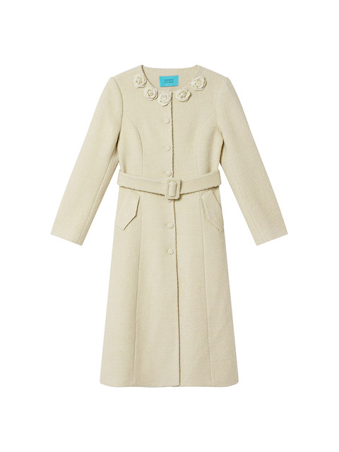 XXNING French retro palace style flower collar waisted woolen coat for women in autumn waist slimming long coat