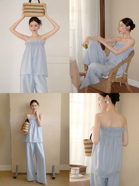 XXNING French style small fragrant style tube top and casual pants suit for women, autumn pure seaside resort style two-piece set