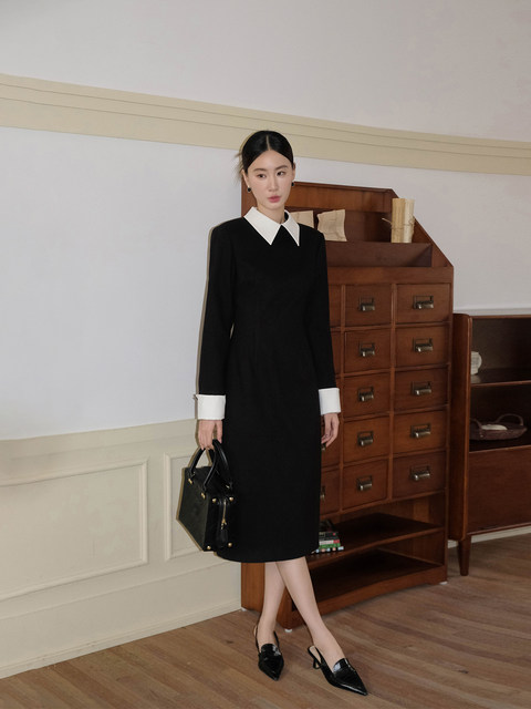 Xxning French-Style Color-Block Pointed Lapel Waist-Cinching Dress for Women, Loose Fit, Tummy-Covering, Fashionable and Elegant Black Long Dress