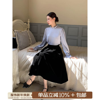 Xxning High-Waisted Pleated Black Velvet Skirt for Women, Autumn Vintage Slim-Fit Mid-Length Umbrella Skirt
