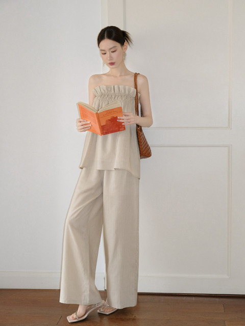 XXNING French style small fragrant style tube top and casual pants suit for women, autumn pure seaside resort style two-piece set