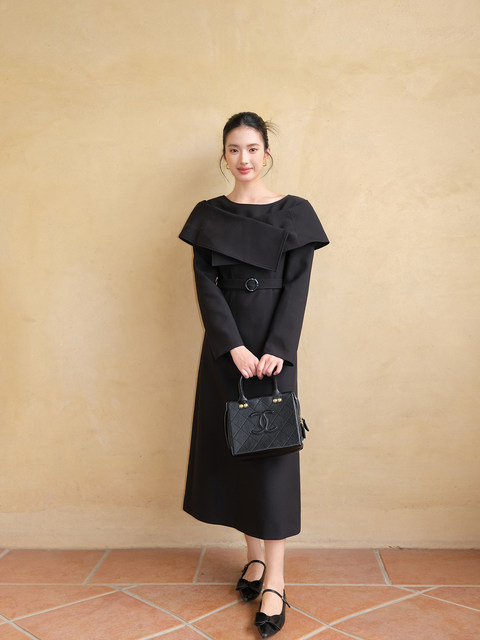 Xxning French-Style Shawl Collar Waist-Cinching Dress for Women, Niche High-End Socialite Style, Fashionable and Suitable for Commuting