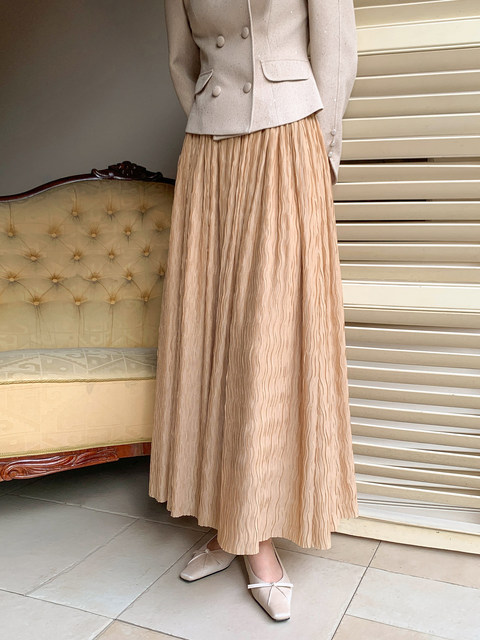 Xxning Textured Wrinkled Pleated Skirt for Women, New Autumn and Winter Style, Elegant High-Waisted A-Line Umbrella Skirt, Mid-Length Skirt