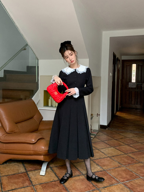 Xxning French-Style Elegant Lady Lace Lapel Lace-Up Sleeve Dress Women's New Autumn Design Long Dress