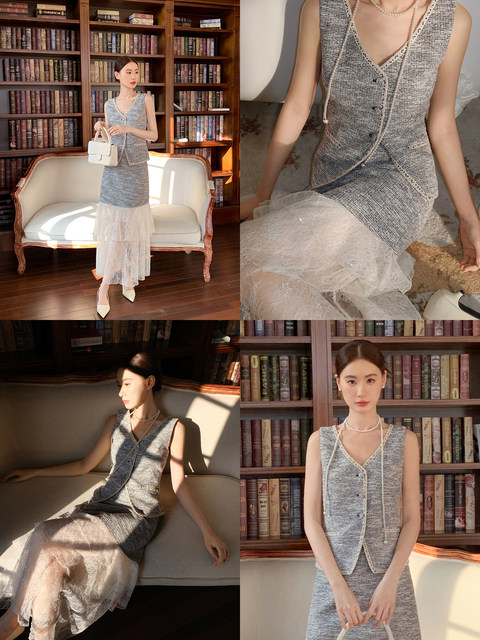 XXNING French light luxury sequin small fragrant style fashion suit for women 2025 spring high waist sleeveless vest two-piece set