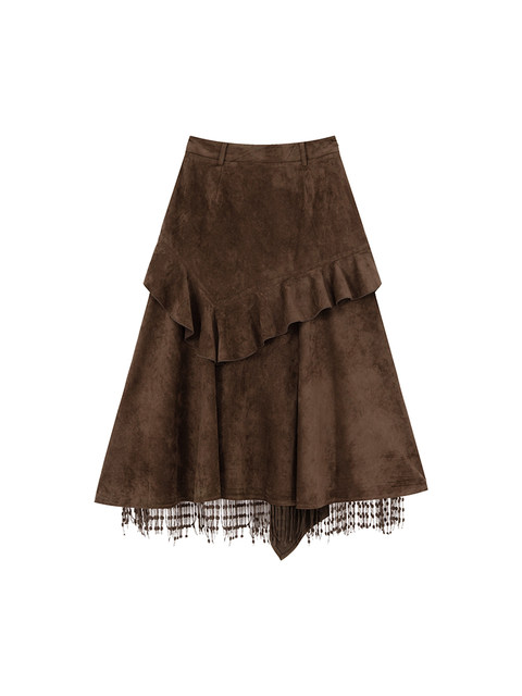 Xxning French Retro Ruffled Suede Skirt with Tassels for Women in Autumn and Winter, Asymmetrical Hem A-Line Skirt Long Skirt