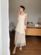 Xxning French-Style Lace Patchwork Waist-Cinching Spaghetti Strap Long Dress for Women, New Autumn Fairy-Like Elegant Dress