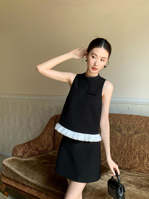 Xxning French-Style Contrasting Color Sleeveless Top and Skirt Set for Women, Rich Lady Temperament Two-Piece Set