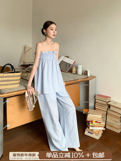 XXNING French style small fragrant style tube top and casual pants suit for women, autumn pure seaside resort style two-piece set