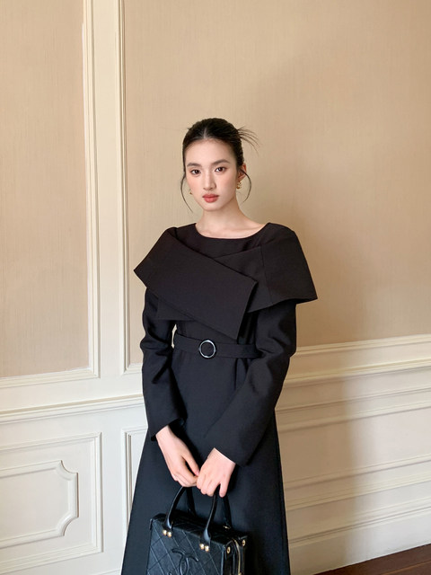 Xxning French-Style Shawl Collar Waist-Cinching Dress for Women, Niche High-End Socialite Style, Fashionable and Suitable for Commuting