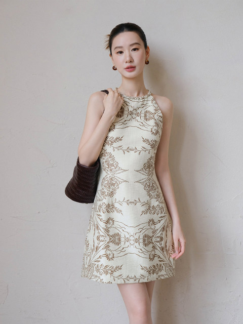 Xxning French Twist Halter Neck Printed Light Luxury Retro Dress for Women, Autumn Elegant and Slimming Long Dress