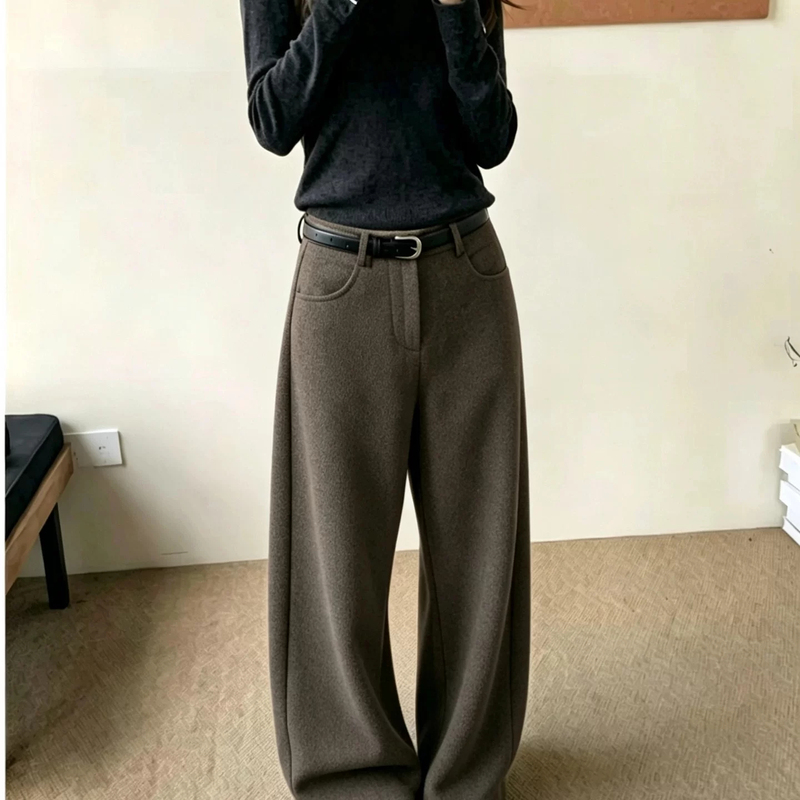 Brown Woolen Pants for Women, Plus Size, Loose Fit, High Waist, Slimming Wide-Leg Casual Floor-Length Pants