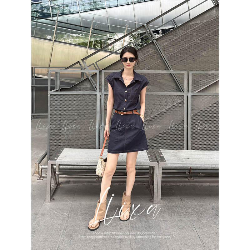 Liixu Summer Gentle and Intellectual Style Dress for Women, Slimming Commuter Look, Faux Two-Piece Lapel Sleeveless Shirt A-Line Skirt Liixu Summer Gentle and Intellectual Style Dress for Women, Slimming Commuter Look, Faux Two-Piece Lapel Sleeveless Shirt A-Line Skirt