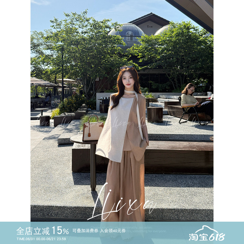 Liixu Summer Korean Style Cool Outfit Unique Layered Sleeveless Top with Drapey Wide-Leg Pants Slimming Two-Piece Set Liixu Summer Korean Style Cool Outfit Unique Layered Sleeveless Top with Drapey Wide-Leg Pants Slimming Two-Piece Set