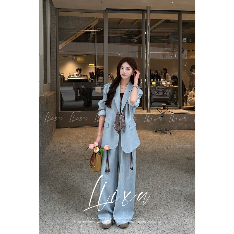Liixu Blue Stylish Suit Set for Women, New Spring Korean Style High-End Jacket and Wide-Leg Pants Two-Piece Set