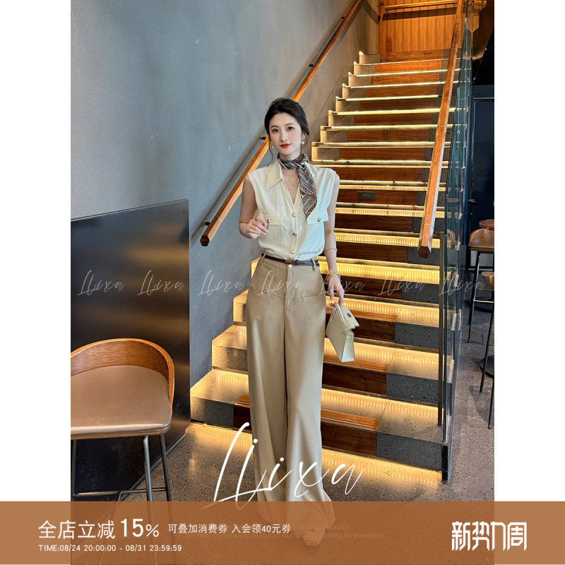 Liixu Summer Old Money Style Suit for Women, Elegant and Sophisticated Sleeveless Vest Shirt with Drapey Wide-Leg Pants Two-Piece Set