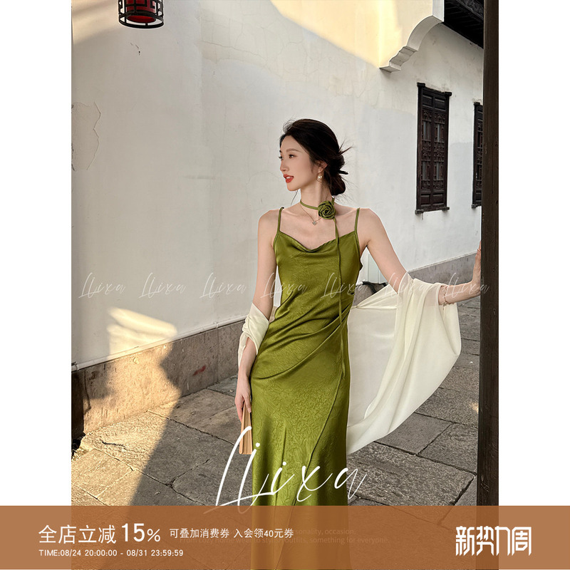 Liixu Summer Stunning Dress for Women, New Chinese Style, Gentle Temperament, Waist-Cinching, Slimming, Vacation Style, Spaghetti Strap Long Dress Liixu Summer Stunning Dress for Women, New Chinese Style, Gentle Temperament, Waist-Cinching, Slimming, Vacation Style, Spaghetti Strap Long Dress