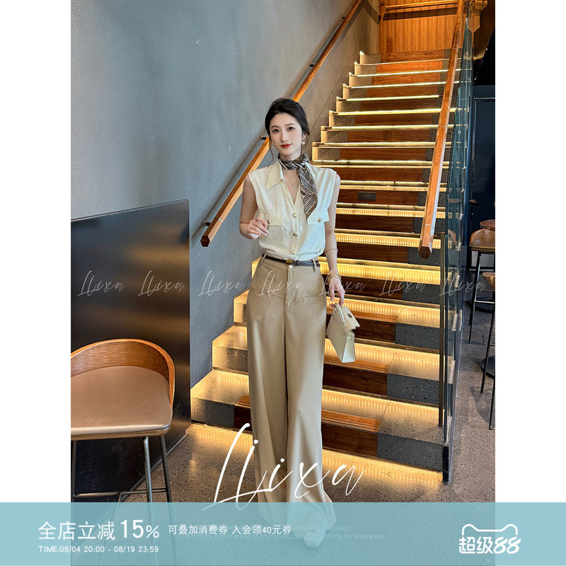 Liixu Summer Old Money Style Suit for Women, Elegant and Sophisticated Sleeveless Vest Shirt with Drapey Wide-Leg Pants Two-Piece Set