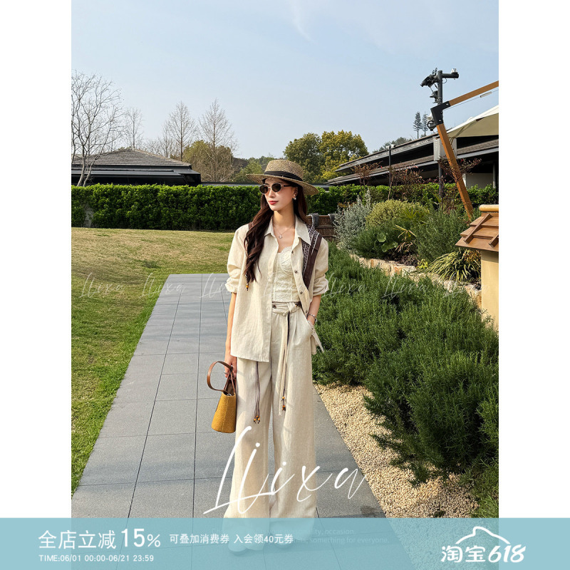 Liixu Lazy Old Money Style Linen Suit for Women, Spring/Summer Loose Fit, Elegant Thin Shirt with Flowy Wide-Leg Pants