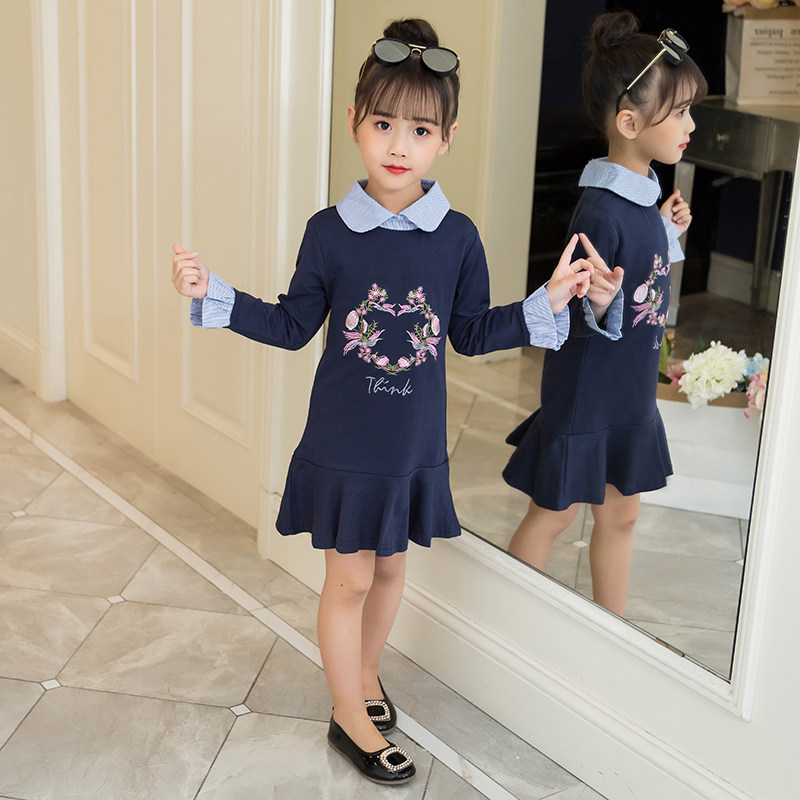 Girls' autumn dress 2018 new children's clothing big children's foreign style embroidery spring and autumn Korean version of children's long-sleeved skirt