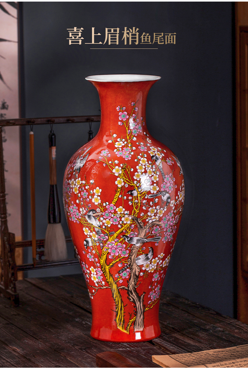 Jingdezhen ceramics China red vase furnishing articles flower arranging the new Chinese rich ancient frame decoration process big sitting room