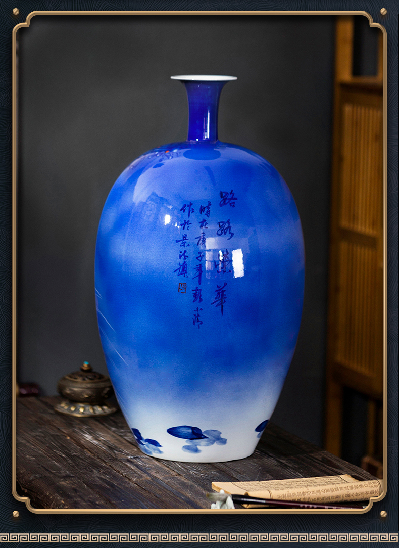 Jingdezhen ceramics prosperous blue vase flower arranging Chinese style restoring ancient ways furnishing articles sitting room TV cabinet decoration