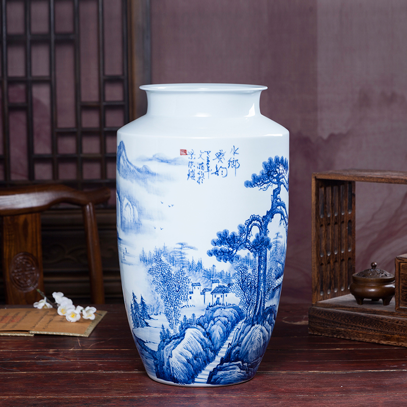 Jingdezhen ceramics hand - made high blue and white porcelain vase decoration flower arranging rich ancient frame of Chinese style household adornment handicraft