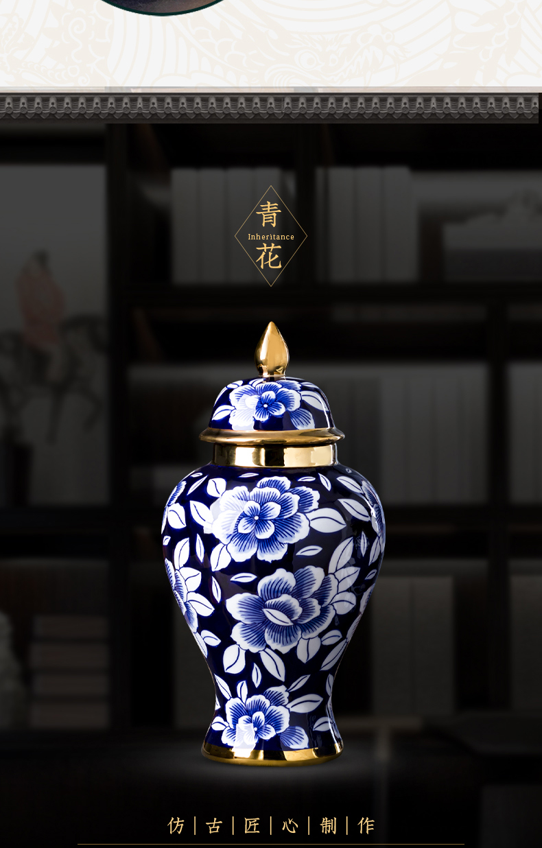 Jingdezhen chinaware paint the general pot of blue and white porcelain vase furnishing articles of new Chinese style living room home decoration process