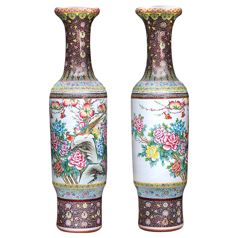 Jingdezhen ceramic floor big vase pastel hand - made birds pay homage to the king, Chinese style household furnishing articles to heavy large living room