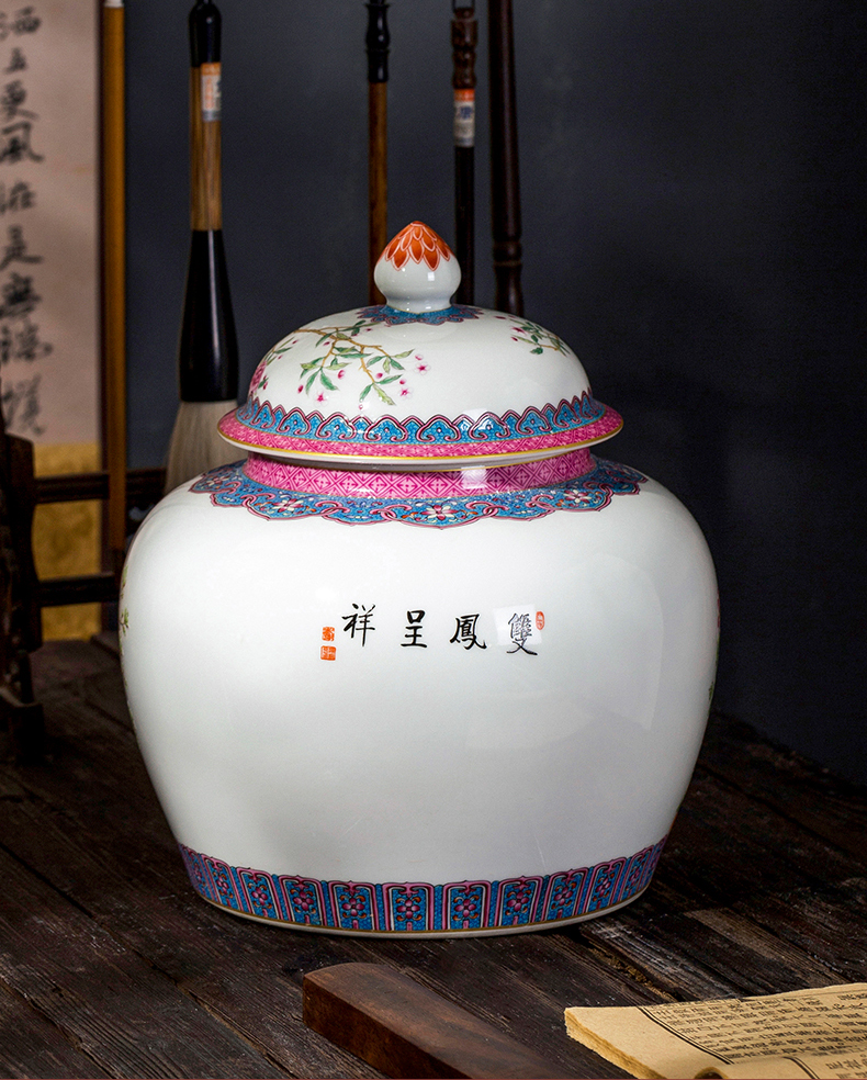 Jingdezhen ceramic yongzheng pastel caddy fixings high - grade Chinese style household storage tank seal with cover tea cake tin