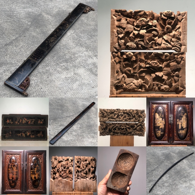 Chaozhou-Shantou Antique Wood Carvings, Qing Dynasty Old House Construction, Republic of China Era, Purely Handmade Gilt Flower and Bird Wood Carvings, Lacquer with Gold-Painted Figures
