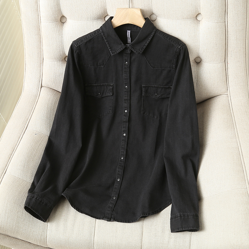 Black Denim Shirt for Women, New Spring Style, European Style, Slimming, Long-Sleeved, Versatile, Body-Hugging Shirt, Layering Base Top, Trendy