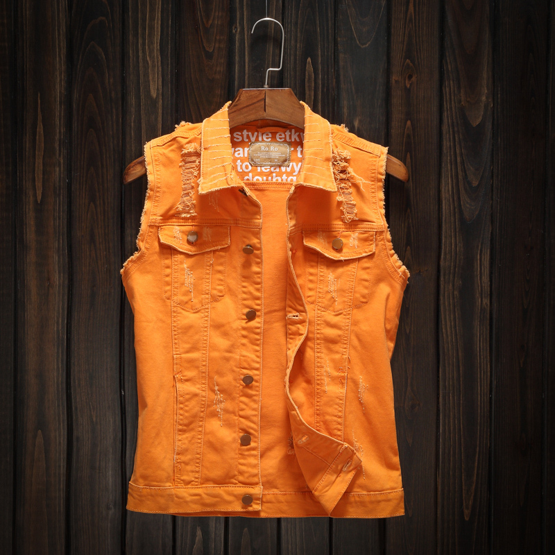 Trendy Men's Spring, Summer, and Autumn Denim Vest, Slim Fit, Trendy Orange Casual Vest Jacket