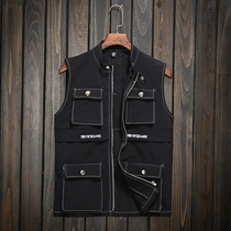 Tide Cards Mens Spring Summer Autumn Casual Waistcoat Black Multi-Pocket Zipper Upright Collar Waistcoat Korean Version Youth Kan Shoulder Vest