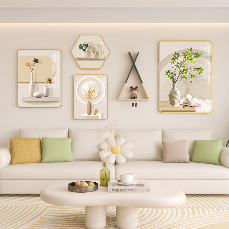 Cream-Style Living Room Decorative Painting Set, Fresh and Simple Sofa Background Wall Painting, Light Luxury and High-End Feel, No-Drill Hanging Painting