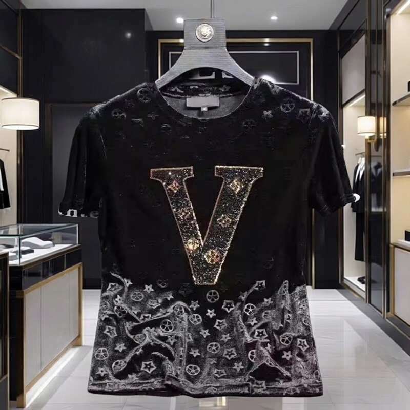 Hong Kong Lv K Summer Men's European and American Trendy Brand Fashion Shenzhen Nanyou High-End Replica Luxury Embroidered Short-Sleeve T-Shirt