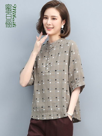 Plaid Shirt for Women, New Summer Style, Loose and Casual, Fashionable Stand-Up Collar Short-Sleeved T-Shirt for Middle-Aged Mothers, Summer Wear, Pure Cotton Top