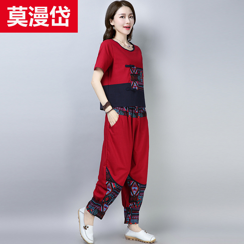 Trung Quốc Tang phù hợp với cô gái mùa hè váy phong cách retro quốc gia lanh bông áo khoác ngắn loose-fitting quần âu hai mảnh bộ