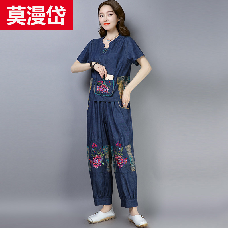 Quốc gió Tang phù hợp với cô gái hàng ngày retro Trung Quốc mùa hè gió váy cotton ngắn tay đầu quần rộng chân hai mảnh bộ