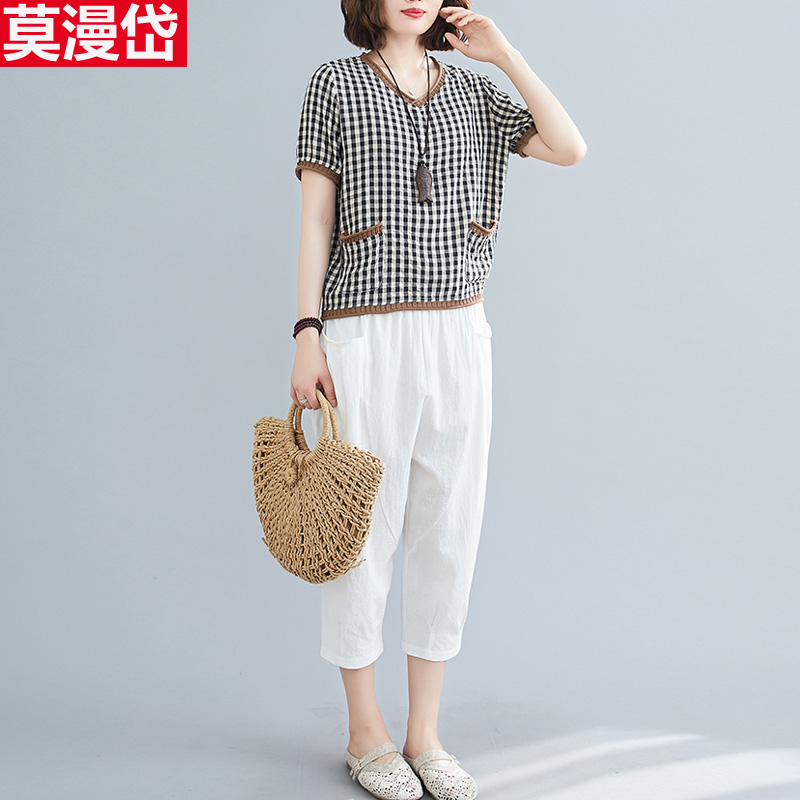 Art Cotton Linen Grid Suit Women's Summer New Loose Veil Mom's Aging Kharen Pants Linen two sets