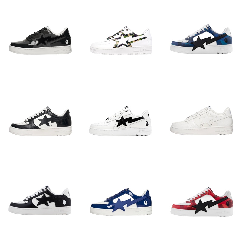 Bapestalow Self-Designed Black and White Patent Leather Camouflage Embossed Color-Block Ape Head Low-Top Vibe Casual Sneakers