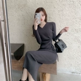 Приталенный корсет, трикотажное платье, демисезонная длинная юбка, 2020 года, V-образный вырез