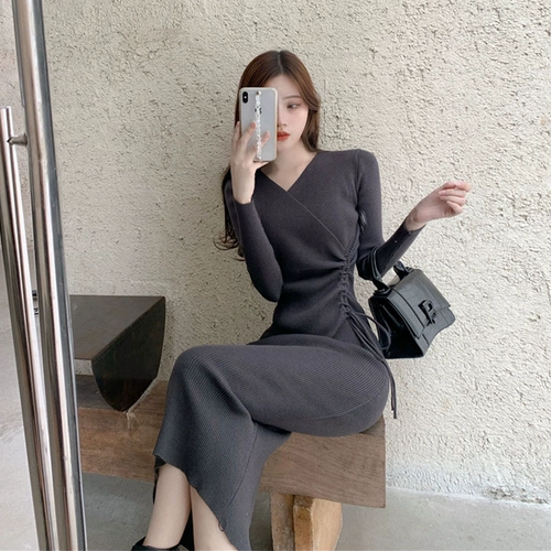 Приталенный корсет, трикотажное платье, демисезонная длинная юбка, 2020 года, V-образный вырез