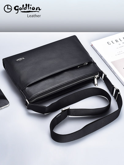 Goldlion Men's Shoulder Bag, Cowhide Business Crossbody Bag, Fashionable Genuine Leather Horizontal Style Casual Multifunctional Men's Bag, New Model