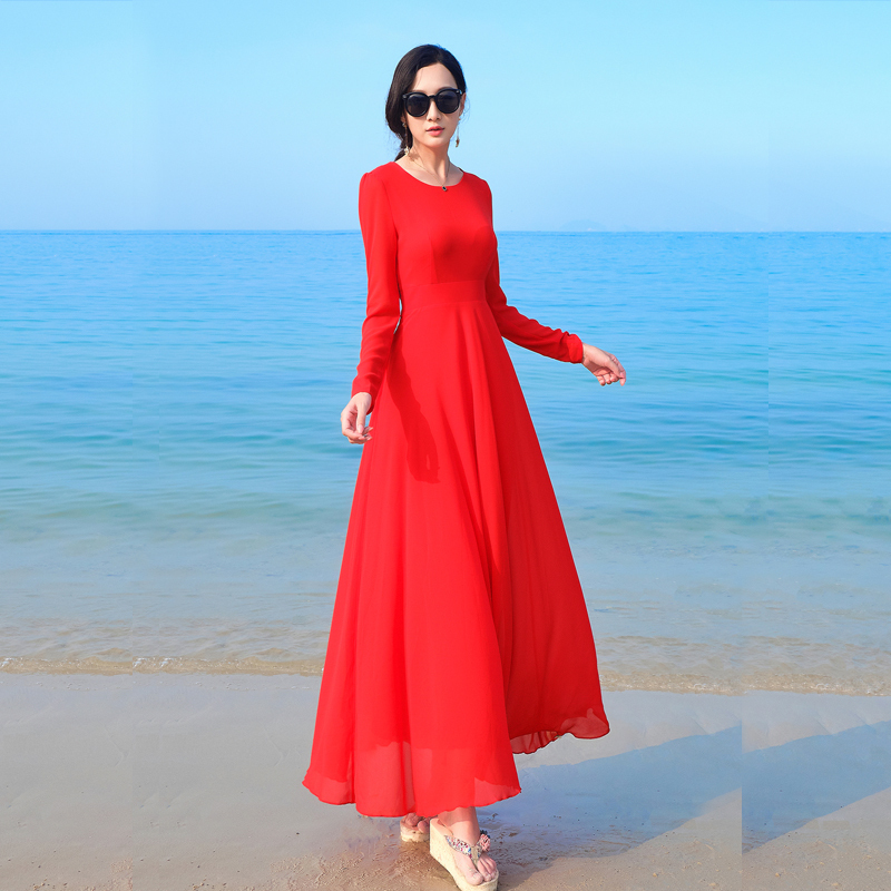 Xiangyi Lihua Spring and Summer New Round-Neck Chiffon Long Dress with a Large Hem, Elegant Plus-Size Women's Long Dress for Mothers