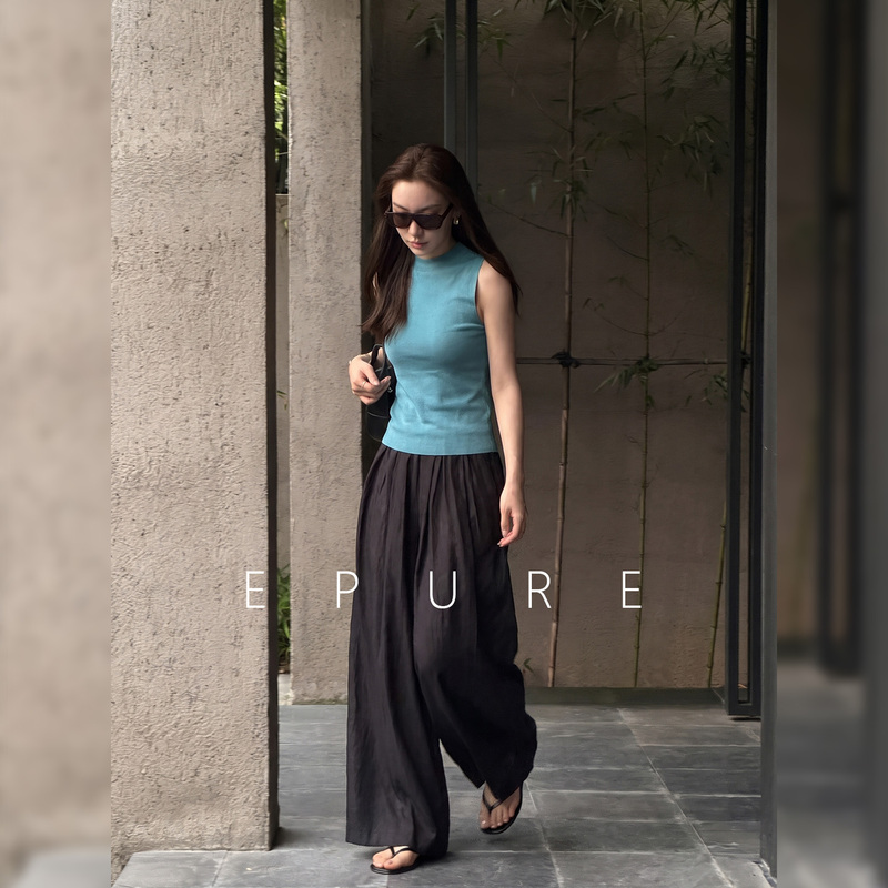 Epure【Blue Stream】Blue Round-Neck Sleeveless Knitted Vest for Women, Summer Slim-Fit Solid Color Top for Outerwear Epure【Blue Stream】Blue Round-Neck Sleeveless Knitted Vest for Women, Summer Slim-Fit Solid Color Top for Outerwear